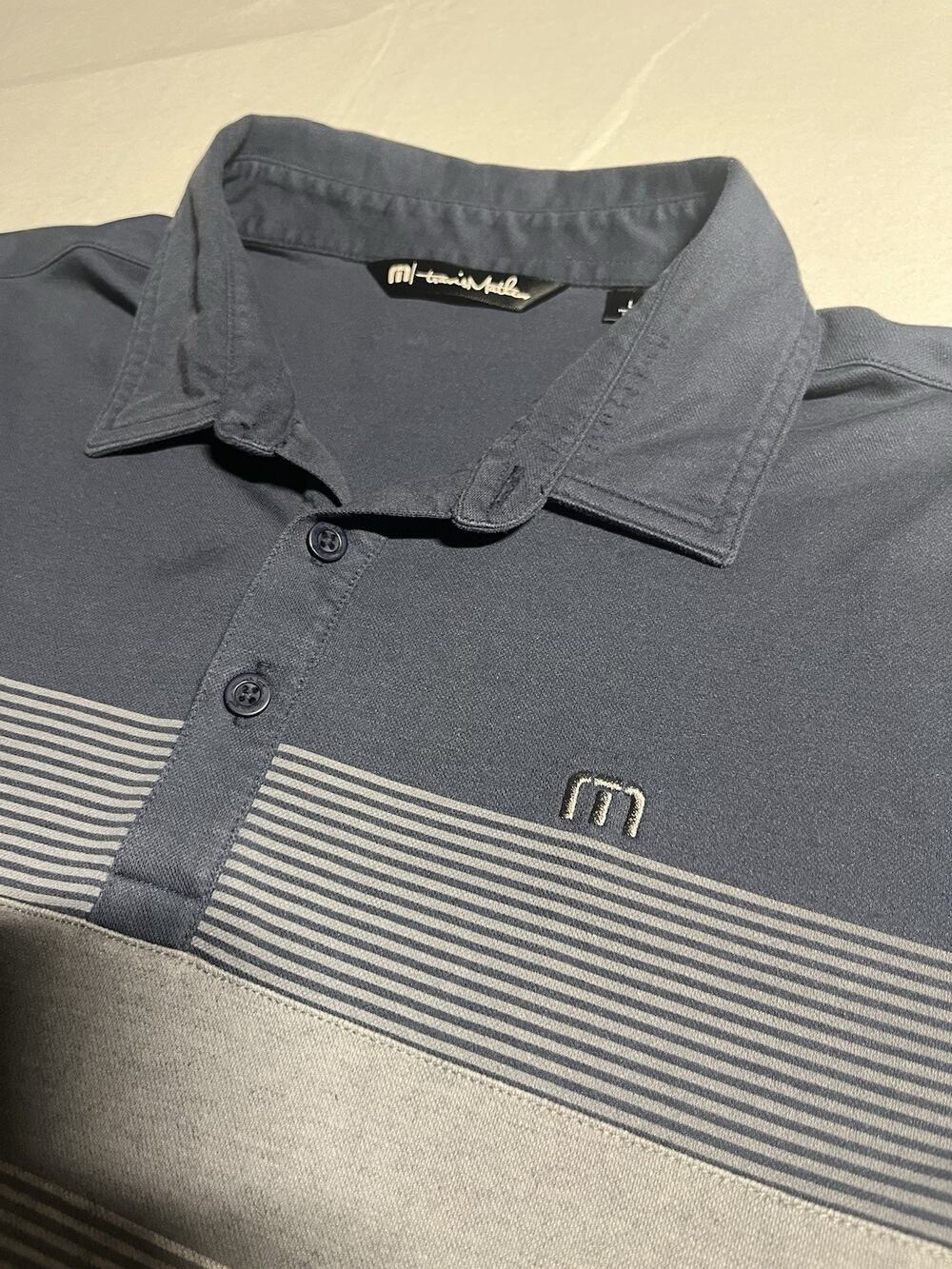 TravisMathew Golf Polo Shirt Men’s Large Navy Gray Striped Performance Short Slv